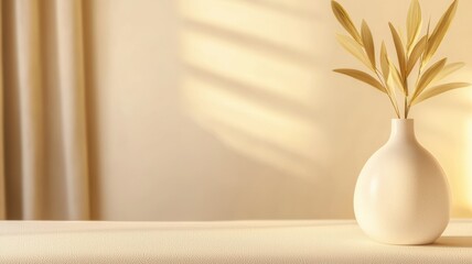 A serene, minimalistic scene featuring a white vase with leaves, softly illuminated by natural light against a warm, neutral background.