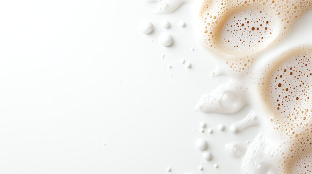 Close-up of coffee foam with delicate bubbles on a white surface, creating a creamy texture and inviting visual appeal.