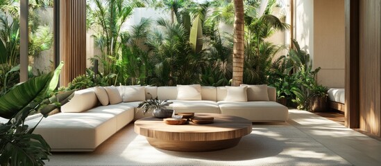 Obraz premium A light-filled living room features a cream sectional sofa, wooden coffee table, and lush green plants