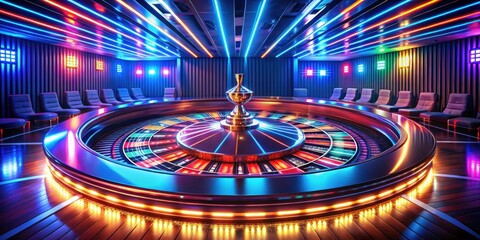 Vibrant neon lights illuminate a futuristic casino scene with a roulette wheel at its center, vibrant, bright,  vibrant