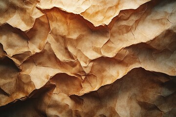 Crumpled Brown Paper Texture Background with Wrinkles and Shadows in Minimalist Style