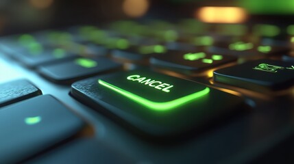 Obraz premium Close-Up of Illuminated Cancel Key on Modern Keyboard with Green Backlighting in a Dark Environment