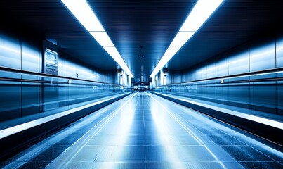 Empty moving walkway in modern blue airport terminal