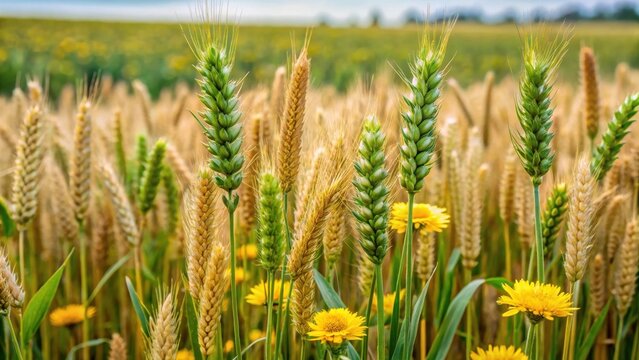 Wheat and tares growing together in a field, with wheat plants tall and green