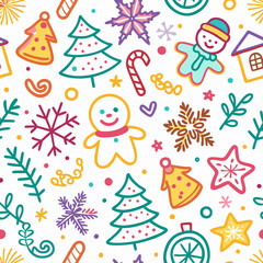 Naklejka premium Colorful Christmas doodle seamless pattern. (2)