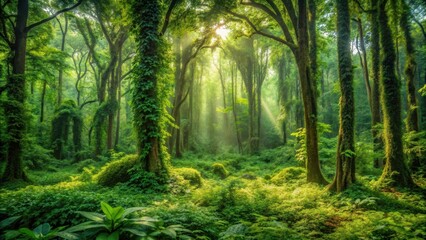 Obraz premium Dense Lush Forest with Tall Trees and Vines, animal habitat, wilderness, animal habitat