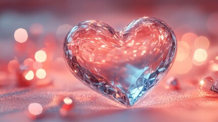 Fototapeta premium Sparkling Crystal Heart with Glowing Lights in Romantic Pink and Red Bokeh Background for Valentine's Day or Love-Themed Design