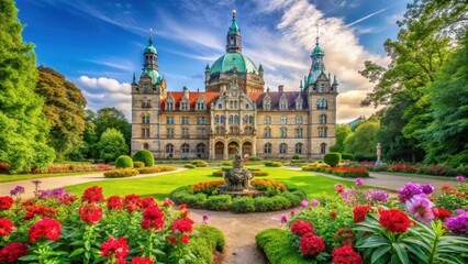Obraz premium Lush greenery and vibrant flowers surround a majestic palace with intricate stone carvings and ornate details in Hannover Germany , Germany, Nature