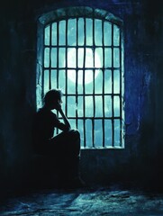 Solitary Figure Contemplates the Moon Through a Barred Window A Moment of Reflection