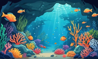 Pixel Art Underwater Cave Scene with Colorful Fish and Coral Reefs