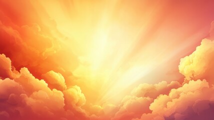 A vibrant sunset radiates golden light through fluffy clouds, creating a serene and breathtaking atmosphere.