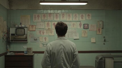 Doctor in vintage medical office examining anatomical charts.