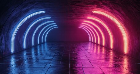 Futuristic Landscape with Neon Lights and Glossy Surfaces in a Cyberpunk Style