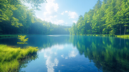Obraz premium Serene forest lake with vibrant green reflections, Earth Day concept