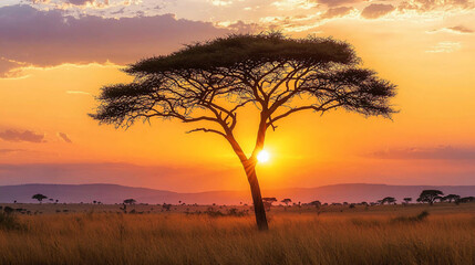 Majestic sunset over an African savanna with a lone acacia tree silhouetted against the horizon