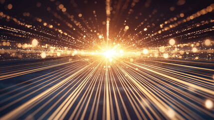 Radiant beams of light emerging from a central point, dazzling golden particles floating through a dark space, creating a sense of depth and movement.