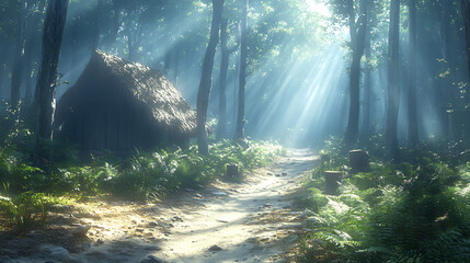 Obraz premium Sunlight streaming through a dense forest, illuminating a path to a straw-covered structure