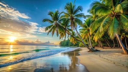 Obraz premium Palm trees and turquoise water on a white sandy beach at sunrise, tropical, uvita, tropical