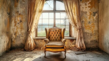 Vintage armchair in a decaying room, sunlight streams through a large window. Depicts themes of abandonment, nostalgia, and the passage of time.