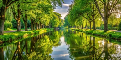 Fototapeta premium Serene canal scene with lush green trees reflected in calm water, surrounded by serene surroundings, canal, greenery, canal