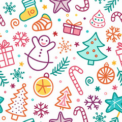 Fototapeta premium Colorful Christmas seamless pattern with festive elements.