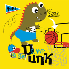 Illustration of a dinosaur performing a slam dunk with a basketball hoop. Sports concept
