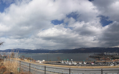 Lake Suwa panoramic view with mountains in background