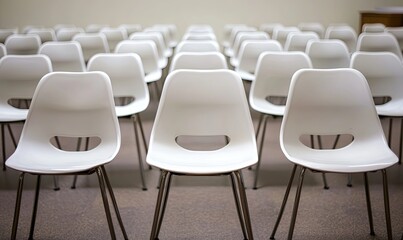 Empty white chairs in rows in a meeting room, ready for a conference or presentation