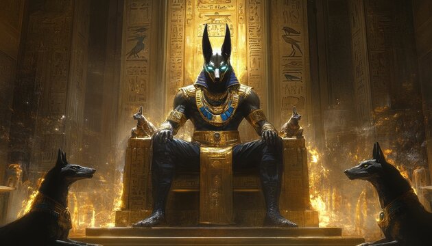 Anubis, Guardian of the Underworld, Sits Enthroned with his Loyal Companions