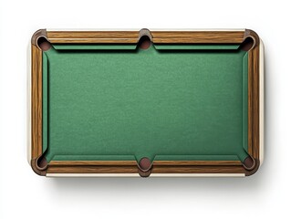Overhead view of empty pool table with green felt and wooden frame.