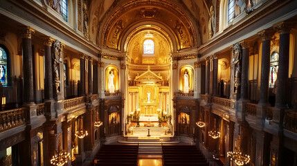 Fototapeta premium Grand Historic Church Altar with Illuminated Interiors and Artwork : Generative AI