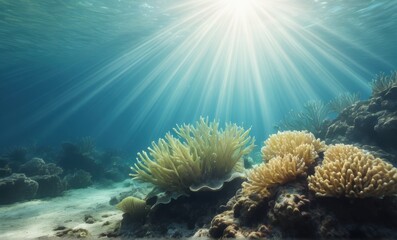 Fototapeta premium Sunlit Underwater Coral Reef Scene