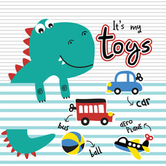 Illustration of a dinosaur with various toys including car, bus, and airplane. Playtime concept
