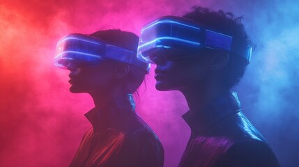 Business Professionals in Cyberpunk Data Environment with AI and Technology Interaction