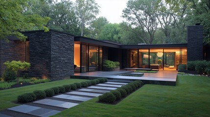 Fototapeta premium Minimalist landscaping surrounds this dark stone suburban home.