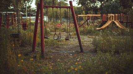 Fototapeta premium Rusty swings hang on an overgrown playground, A forgotten childhood, loneliness, and the passage of time.