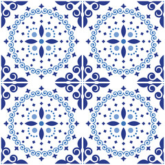 Portuguese and Spanish inspired Azulejo tile seamless vector pattern in navy blue - perfect for textile and fabric print