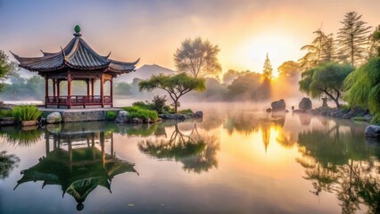 Fototapeta premium tranquil landscape, traditional chinese garden, water feature, oriental architecture, sun rise, peaceful atmosphere, serenity, reflection, misty dawn, natural ambiance