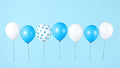 Colorful balloons in a row against a light blue background, creating a festive atmosphere