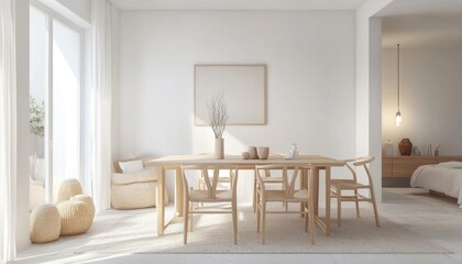 Fototapeta premium bright and airy Scandinavian-style dining area with minimalist decor, featuring a simple wooden table, light-colored chairs, and soft lighting