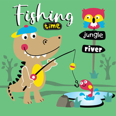 Illustration of a crocodile fishing by a jungle river. Nature activity concept
