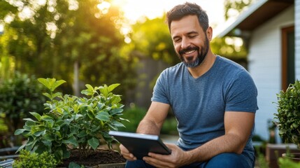 Fototapeta premium Happy Man Using Tablet in Garden While Enjoying Sunny Day Surrounded by Greenery and Relaxing Outdoors