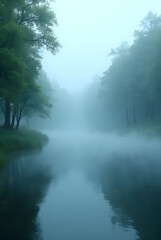 Tranquil Foggy Lake Landscape - Morning Mist and Autumn Forest Reflection