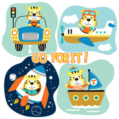 Tiger character traveling by car, plane, rocket, and boat with playful 