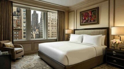Fototapeta premium Elegant hotel bedroom with a king bed and city view from large windows provides a luxurious escape