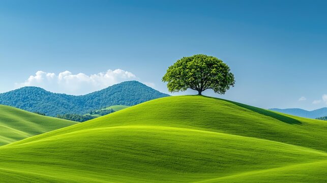 Serene tree atop rolling green hills under a blue sky; idyllic nature scene for peaceful backgrounds