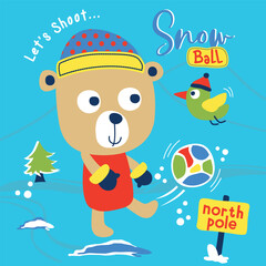 Bear playing with snowball and bird in snowy north pole scene. Winter sports concept
