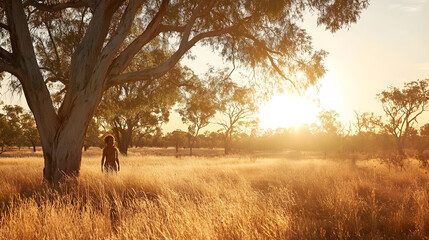 Fototapeta premium Scenic View of Sunrise in Serene Field with Trees and Person Walking Silhouetted : Generative AI