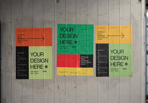 Mockup Of Three Vertical Customizable Posters On Wall