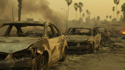 Fototapeta premium Burnt cars after a city fire, Generative AI